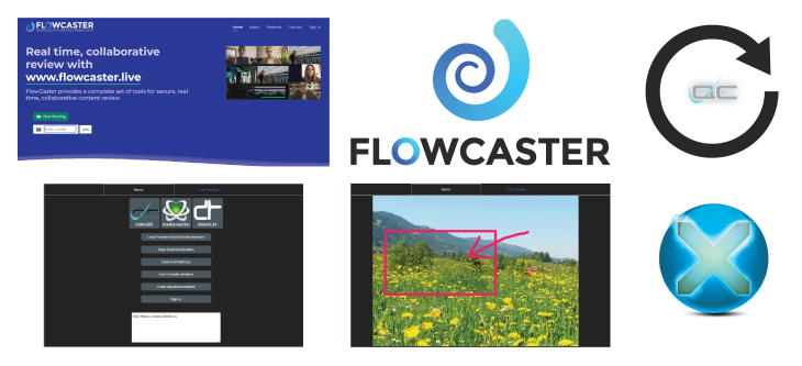 Images of the flowcaster toolset, including the live site, mac/linux/windows apps, Adobe Panels, Avid Panele and capture interfaces like NetXCode